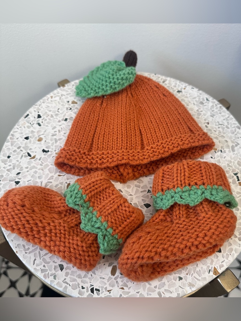 Pumpkin Knit Baby Hat And Bootie Set Newborn Photo Halloween Fall 0-6 Months